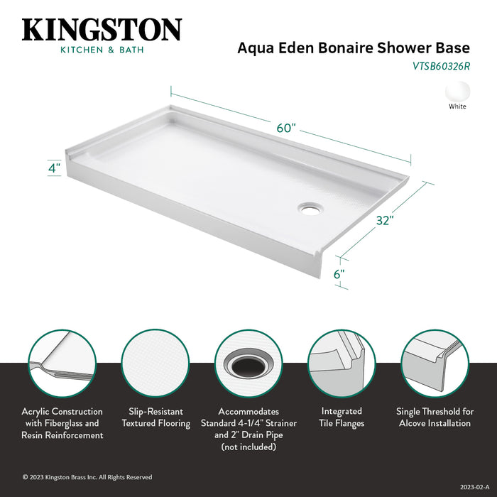 Kingston Tulare VTSB60326R - Bonaire 60-Inch x 32-Inch Anti-Skid Acrylic Shower Base with Right Hand Drain, White