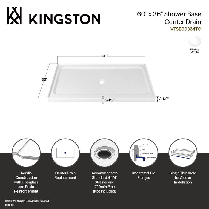 Kingston Boracay VTSB60364TC 60-Inch x 36-Inch Acrylic Single Threshold Shower Base with Center Drain, Glossy White