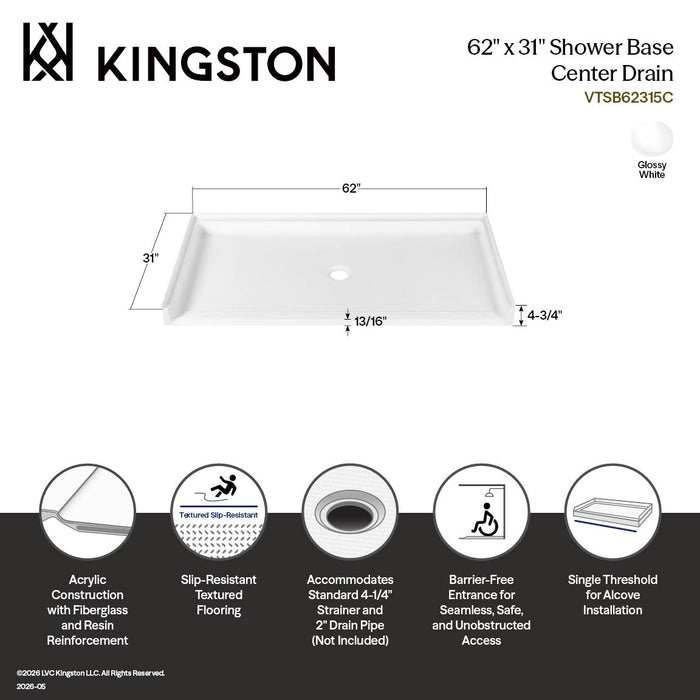 Kingston Madura VTSB62315C 62-Inch x 31-Inch Anti-Skid Acrylic Barrier Free Single Threshold Shower Base with Center Drain, Glossy White