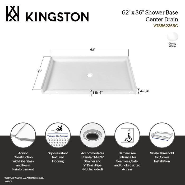 Kingston Madura VTSB62365C 62-Inch x 36-Inch Anti-Skid Acrylic Barrier Free Single Threshold Shower Base with Center Drain, Glossy White