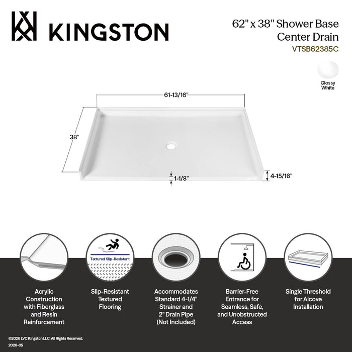 Kingston Madura VTSB62385C 62-Inch x 38-Inch Anti-Skid Acrylic Barrier Free Single Threshold Shower Base with Center Drain, Glossy White
