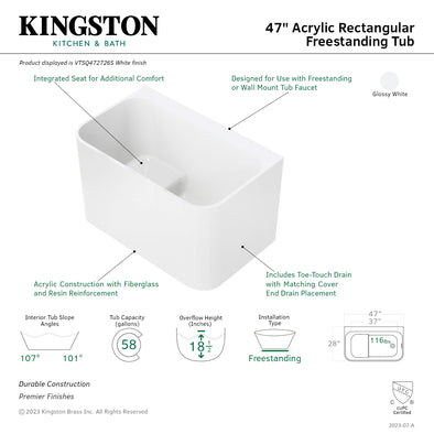 Kingston Brass Aqua Eden VTSQ472726S 47-Inch Acrylic Rectangular