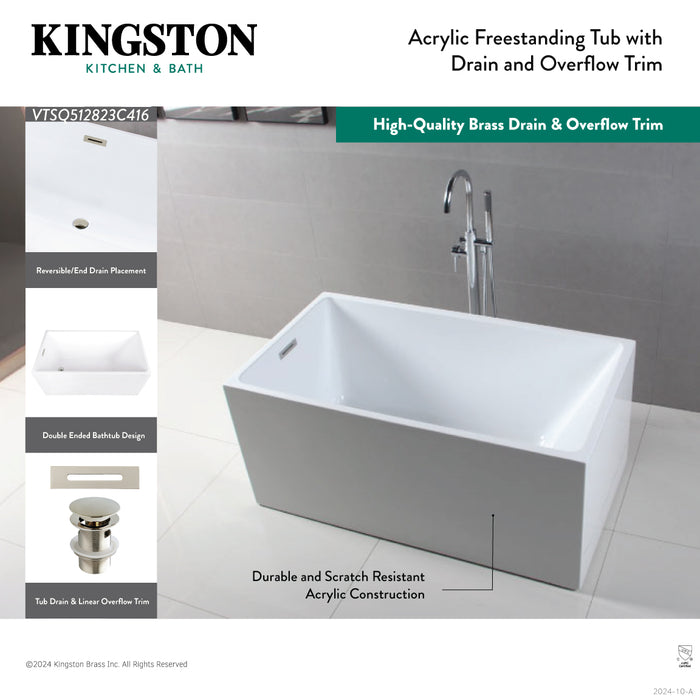Kingston Sona VTSQ512823C416 - Aqua Eden 51-Inch Acrylic Rectangular Double Ended Freestanding Tub with Drain, Glossy White/Polished Nickel