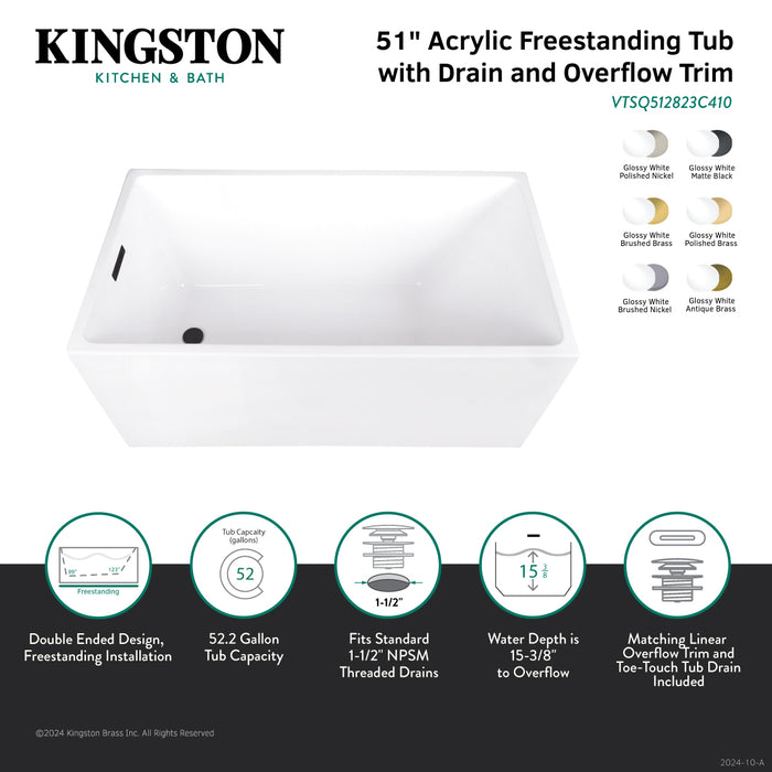 Kingston Sona VTSQ512823C416 - Aqua Eden 51-Inch Acrylic Rectangular Double Ended Freestanding Tub with Drain, Glossy White/Polished Nickel