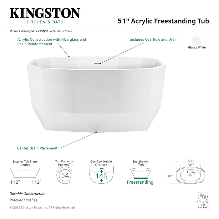 Kingston Sona VTSQ513024 - Aqua Eden 51-Inch Acrylic Oval Double Ended Freestanding Tub with Drain, Glossy White