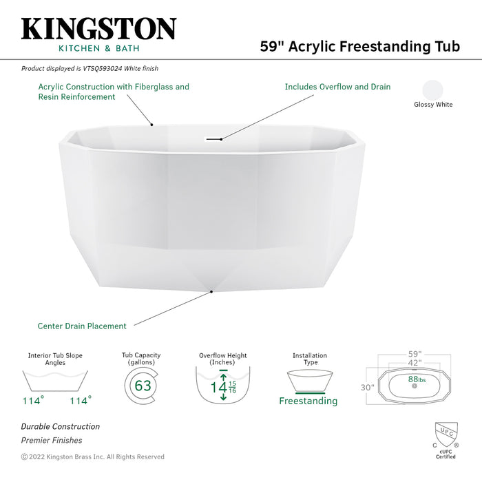 Kingston Sona VTSQ593024 - Aqua Eden 59-Inch Acrylic Oval Double Ended Freestanding Tub with Drain, Glossy White