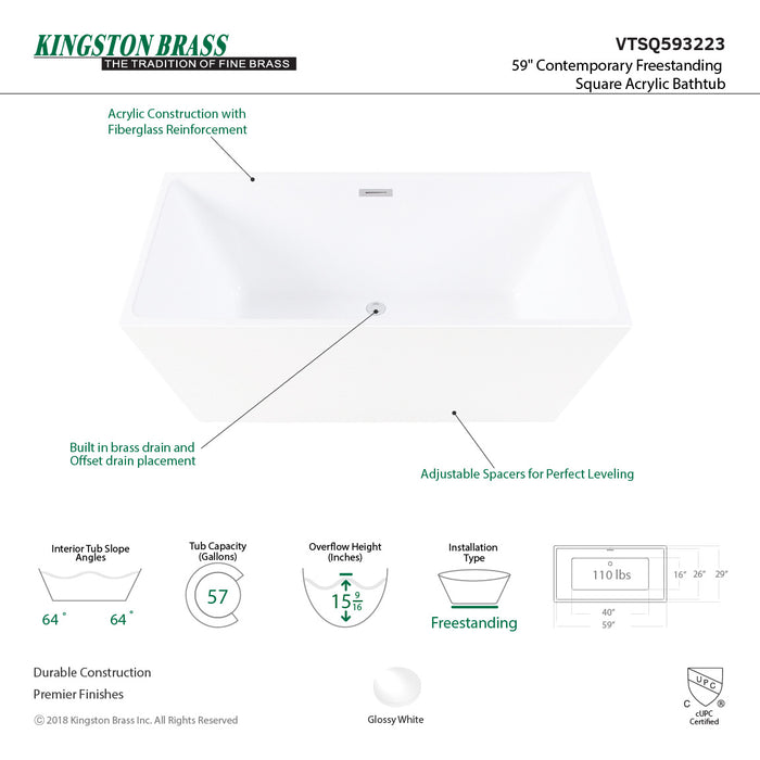 Aqua Eden VTSQ593223 59-Inch Acrylic Rectangular Double Ended Freestanding Tub with Drain, Glossy White