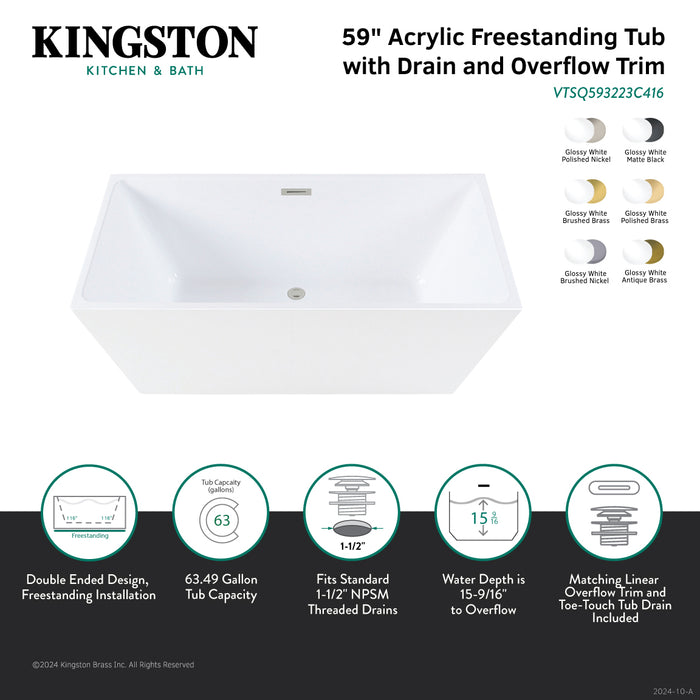 Aqua Eden VTSQ593223C410 59-Inch Acrylic Rectangular Double Ended Freestanding Tub with Drain, Glossy White/Matte Black