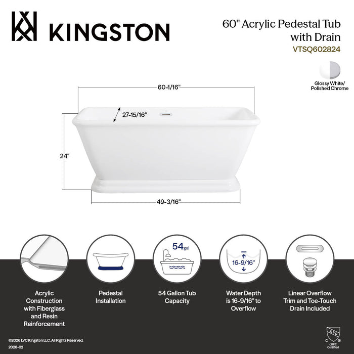 Kingston Heirloom VTSQ602824 - Aqua Eden 60-Inch Acrylic Oval Rectangular Double Ended Pedestal Tub with Drain (No Faucet Drillings), Glossy White