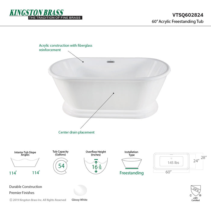 Aqua Eden VTSQ602824 60-Inch Acrylic Oval Rectangular Double Ended Pedestal Tub with Drain (No Faucet Drillings), Glossy White