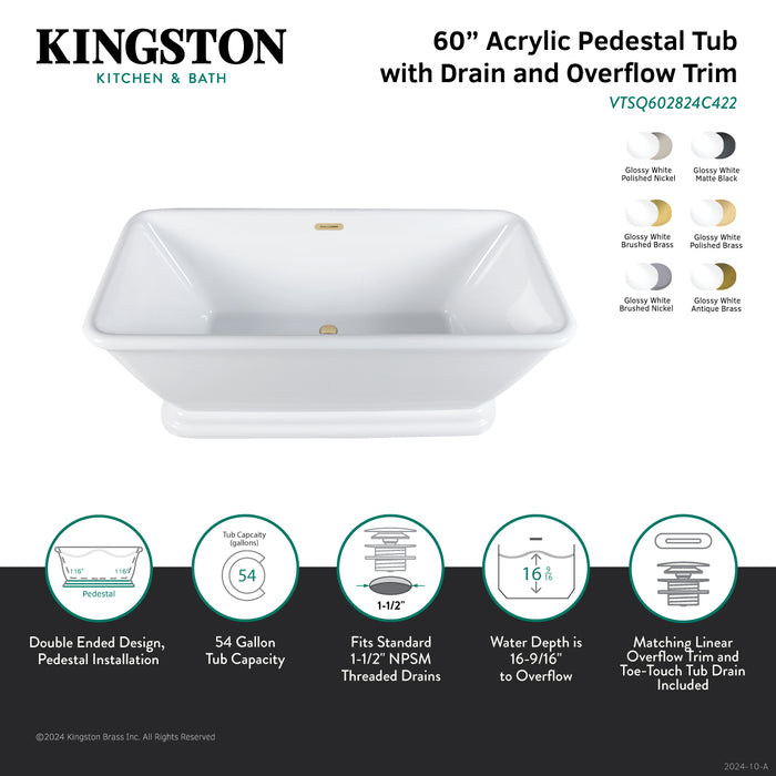 Kingston Heirloom VTSQ602824C428 - Aqua Eden 60-Inch Acrylic Oval Rectangular Double Ended Pedestal Tub with Drain (No Faucet Drillings), Glossy White/Brushed Nickel