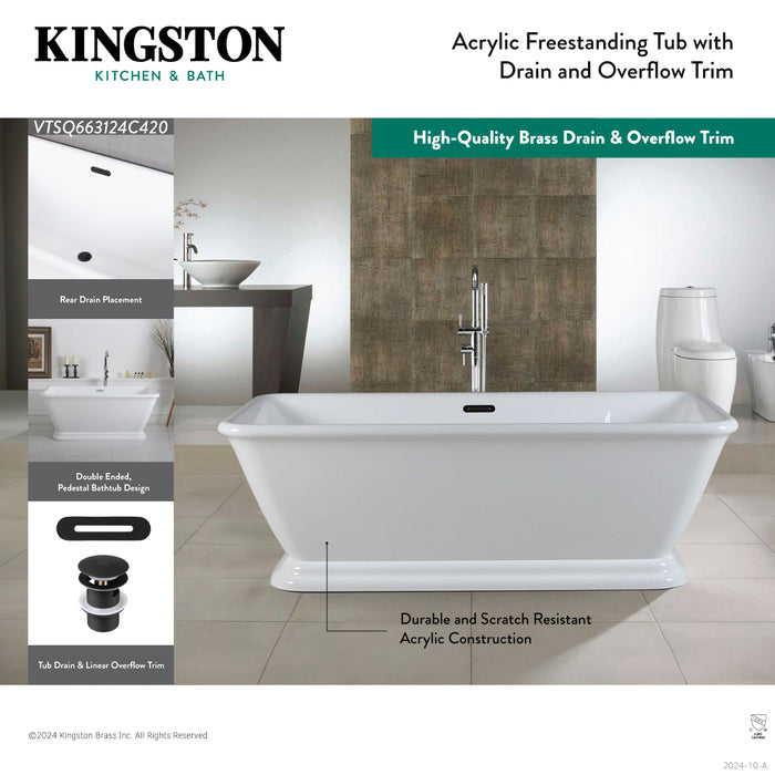 Kingston Heirloom VTSQ663124C428 - Aqua Eden 66-Inch Acrylic Oval Rectangular Double Ended Pedestal Tub with Drain (No Faucet Drillings), Glossy White/Brushed Nickel