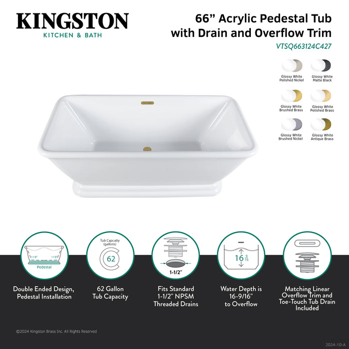 Kingston Heirloom VTSQ663124C428 - Aqua Eden 66-Inch Acrylic Oval Rectangular Double Ended Pedestal Tub with Drain (No Faucet Drillings), Glossy White/Brushed Nickel