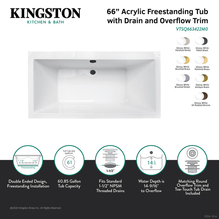 Kingston Sona VTSQ663422M2 - Aqua Eden 66-Inch Acrylic Rectangular Double Ended Freestanding Tub with Overflow/Drain Assembly, Glossy White/Polished Brass