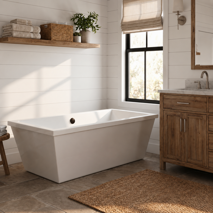 Kingston Sona VTSQ663422M5 - Aqua Eden 66-Inch Acrylic Rectangular Double Ended Freestanding Tub with Overflow/Drain Assembly, Glossy White/Oil Rubbed Bronze