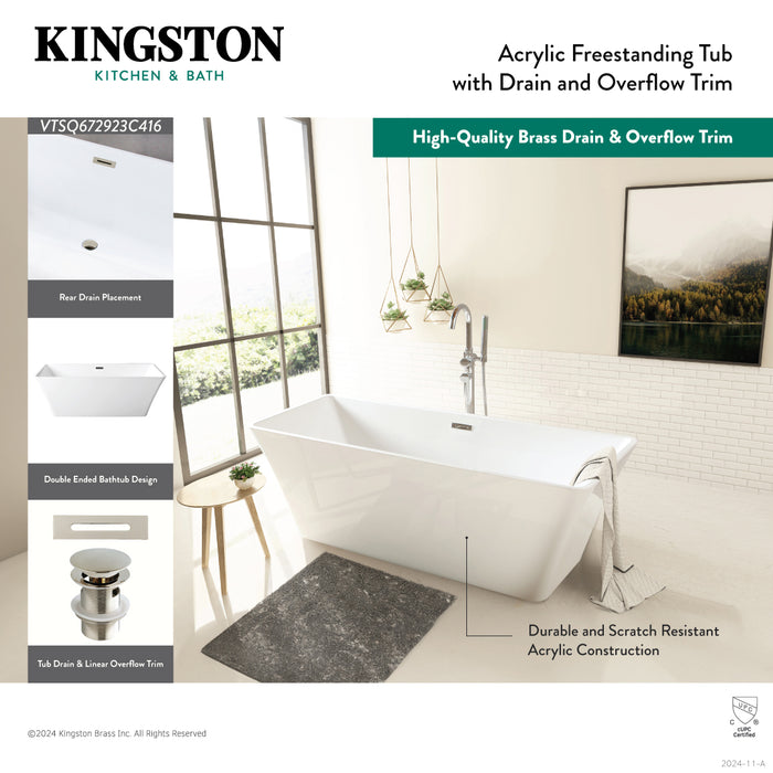 Kingston Sona VTSQ672923C417 - Aqua Eden 67-Inch Acrylic Rectangular Double Ended Freestanding Tub with Drain, Glossy White/Brushed Brass