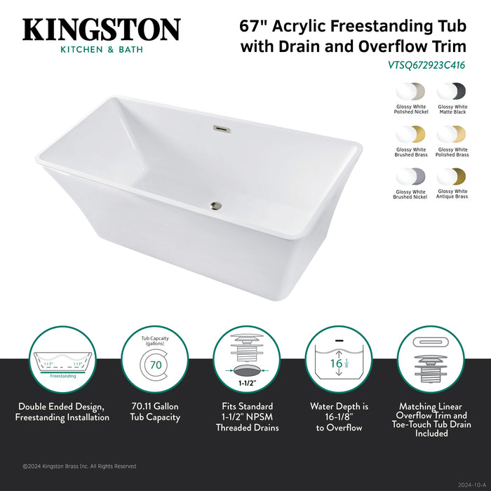 Kingston Sona VTSQ672923C417 - Aqua Eden 67-Inch Acrylic Rectangular Double Ended Freestanding Tub with Drain, Glossy White/Brushed Brass