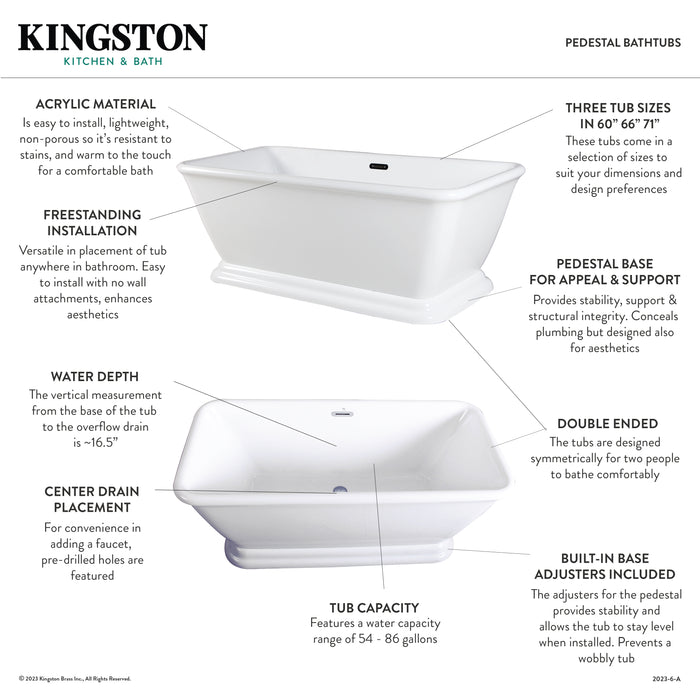 Kingston Heirloom VTSQ713224 - Aqua Eden 71-Inch Acrylic Oval Rectangular Double Ended Pedestal Tub with Drain (No Faucet Drillings), Glossy White
