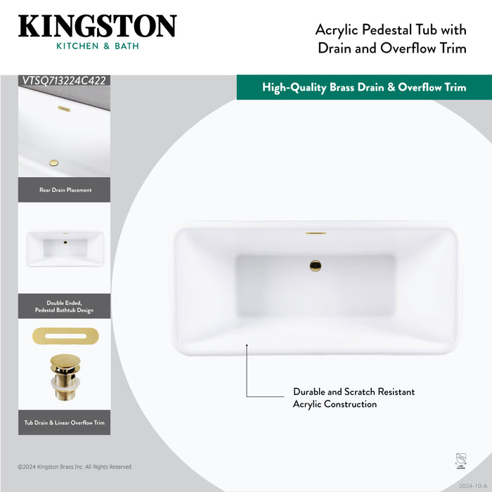 Kingston Heirloom VTSQ713224C426 - Aqua Eden 71-Inch Acrylic Oval Rectangular Double Ended Pedestal Tub with Drain (No Faucet Drillings), Glossy White/Polished Nickel