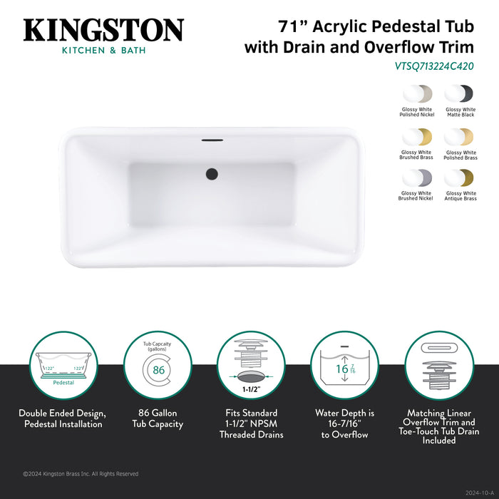 Kingston Heirloom VTSQ713224C426 - Aqua Eden 71-Inch Acrylic Oval Rectangular Double Ended Pedestal Tub with Drain (No Faucet Drillings), Glossy White/Polished Nickel
