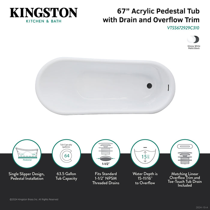 Kingston Heirloom VTSS672929C310 - Aqua Eden 67-Inch Acrylic Oval Single Slipper Pedestal Tub with Drain (No Faucet Drillings), Glossy White/Matte Black