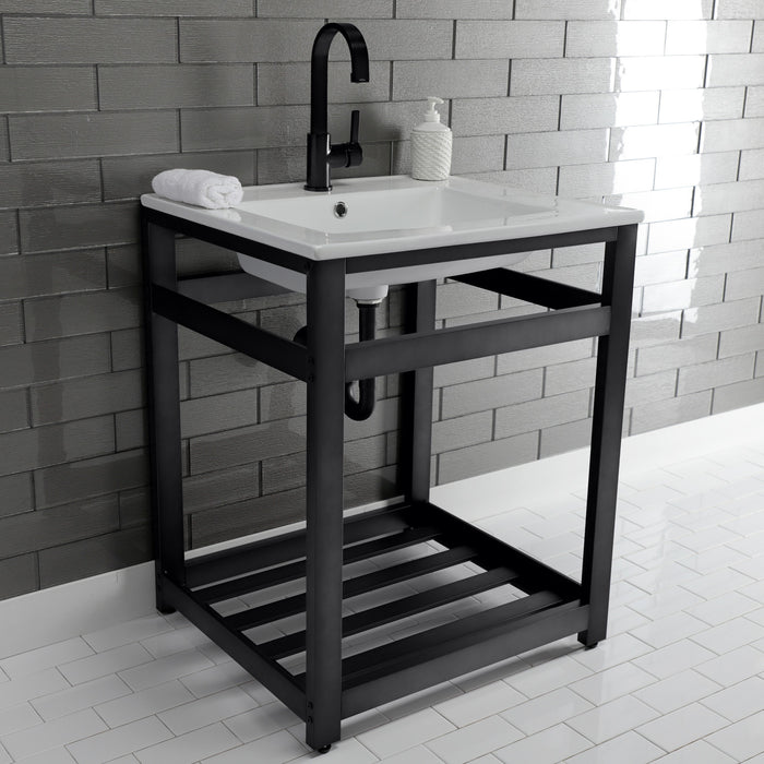 Kingston Sona VWP2522A0 - Quadras 25-Inch Ceramic Console Sink with Steel Base and Shelf (1-Hole), White/Matte Black