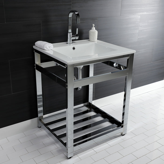 Kingston Sona VWP2522A1 - Quadras 25-Inch Ceramic Console Sink with Steel Base and Shelf (1-Hole), White/Chrome