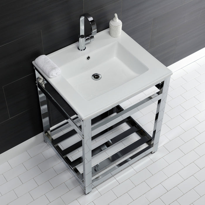 Kingston Sona VWP2522A1 - Quadras 25-Inch Ceramic Console Sink with Steel Base and Shelf (1-Hole), White/Chrome