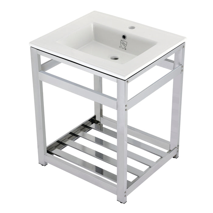Kingston Sona VWP2522A1 - Quadras 25-Inch Ceramic Console Sink with Steel Base and Shelf (1-Hole), White/Chrome