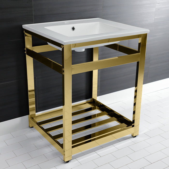 Kingston Sona VWP2522A2 - Quadras 25-Inch Ceramic Console Sink with Steel Base and Shelf (1-Hole), White/Polished Brass