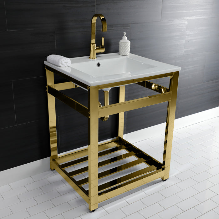 Kingston Sona VWP2522A2 - Quadras 25-Inch Ceramic Console Sink with Steel Base and Shelf (1-Hole), White/Polished Brass