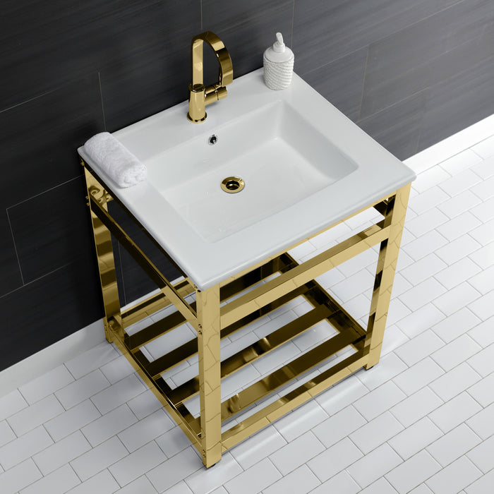 Kingston Sona VWP2522A2 - Quadras 25-Inch Ceramic Console Sink with Steel Base and Shelf (1-Hole), White/Polished Brass