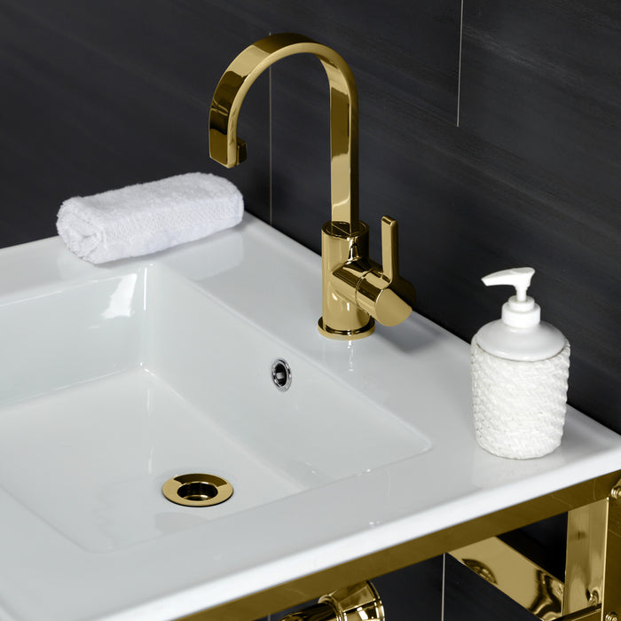 Kingston Sona VWP2522A2 - Quadras 25-Inch Ceramic Console Sink with Steel Base and Shelf (1-Hole), White/Polished Brass
