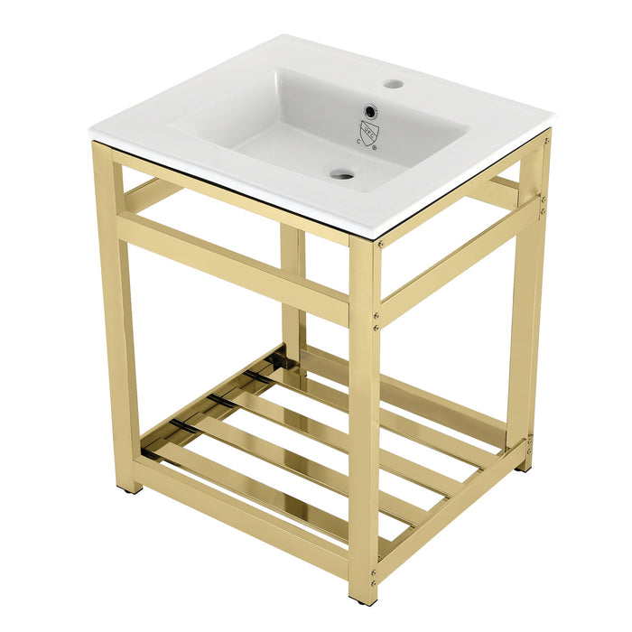 Kingston Sona VWP2522A2 - Quadras 25-Inch Ceramic Console Sink with Steel Base and Shelf (1-Hole), White/Polished Brass