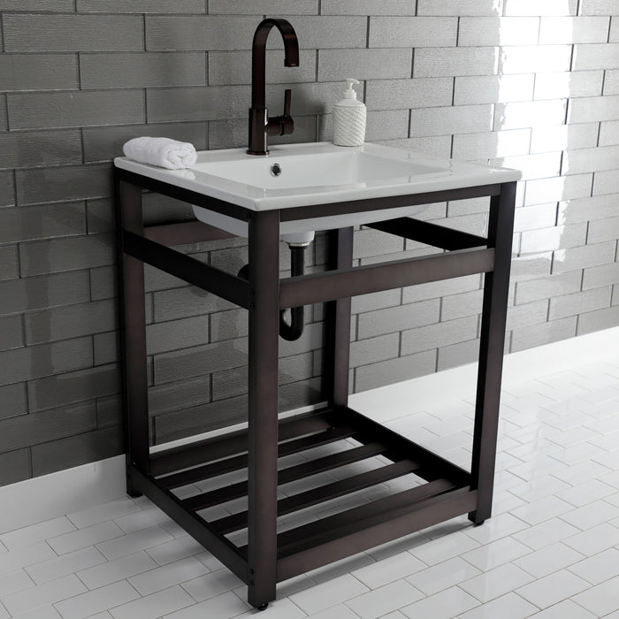 Kingston Sona VWP2522A5 - Quadras 25-Inch Ceramic Console Sink with Steel Base and Shelf (1-Hole), White/Oil Rubbed Bronze
