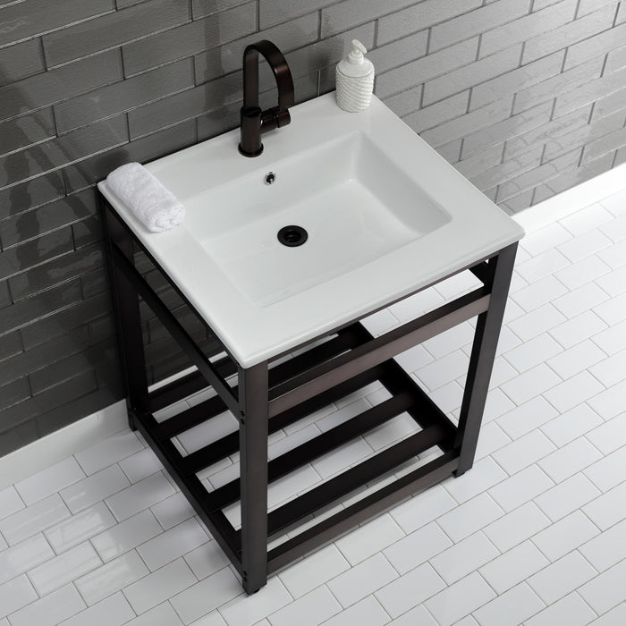 Kingston Sona VWP2522A5 - Quadras 25-Inch Ceramic Console Sink with Steel Base and Shelf (1-Hole), White/Oil Rubbed Bronze