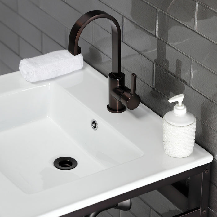 Kingston Sona VWP2522A5 - Quadras 25-Inch Ceramic Console Sink with Steel Base and Shelf (1-Hole), White/Oil Rubbed Bronze