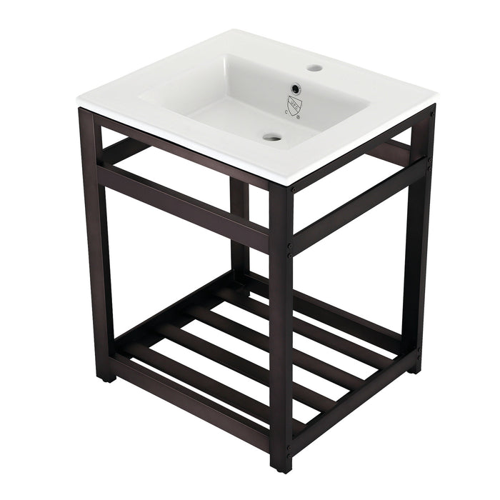 Kingston Sona VWP2522A5 - Quadras 25-Inch Ceramic Console Sink with Steel Base and Shelf (1-Hole), White/Oil Rubbed Bronze