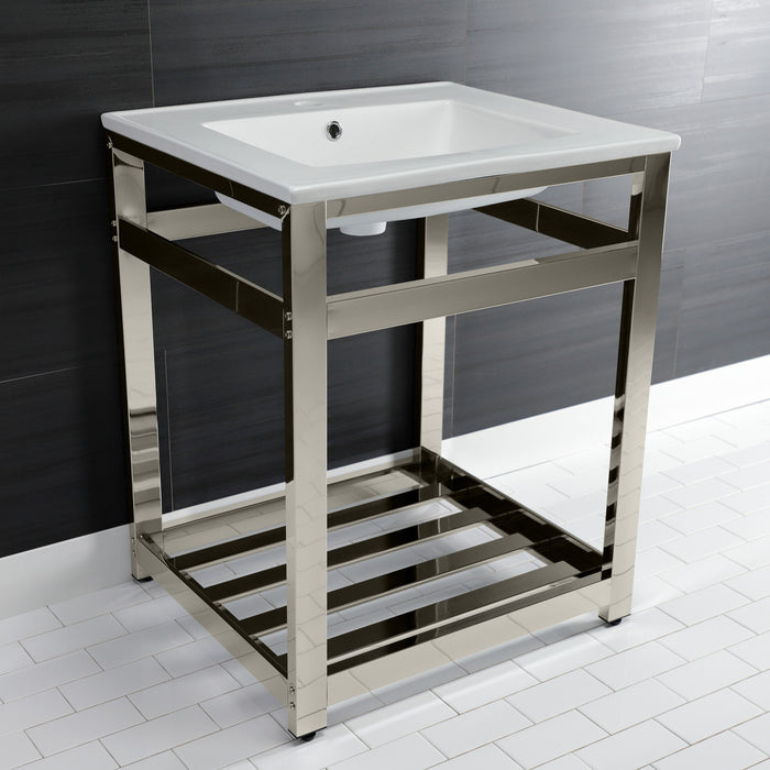 Kingston Sona VWP2522A6 - Quadras 25-Inch Ceramic Console Sink with Steel Base and Shelf (1-Hole), White/Polished Nickel