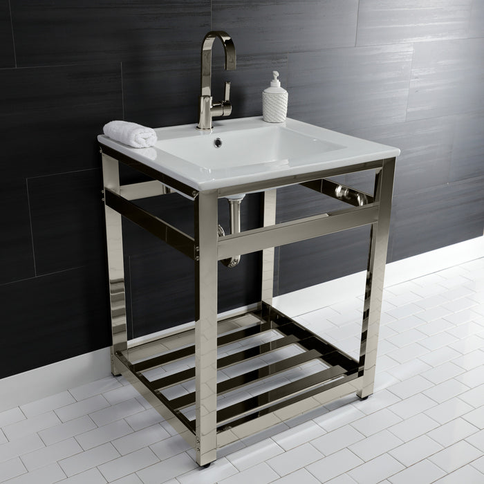 Kingston Sona VWP2522A6 - Quadras 25-Inch Ceramic Console Sink with Steel Base and Shelf (1-Hole), White/Polished Nickel