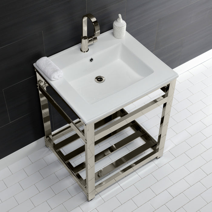 Kingston Sona VWP2522A6 - Quadras 25-Inch Ceramic Console Sink with Steel Base and Shelf (1-Hole), White/Polished Nickel