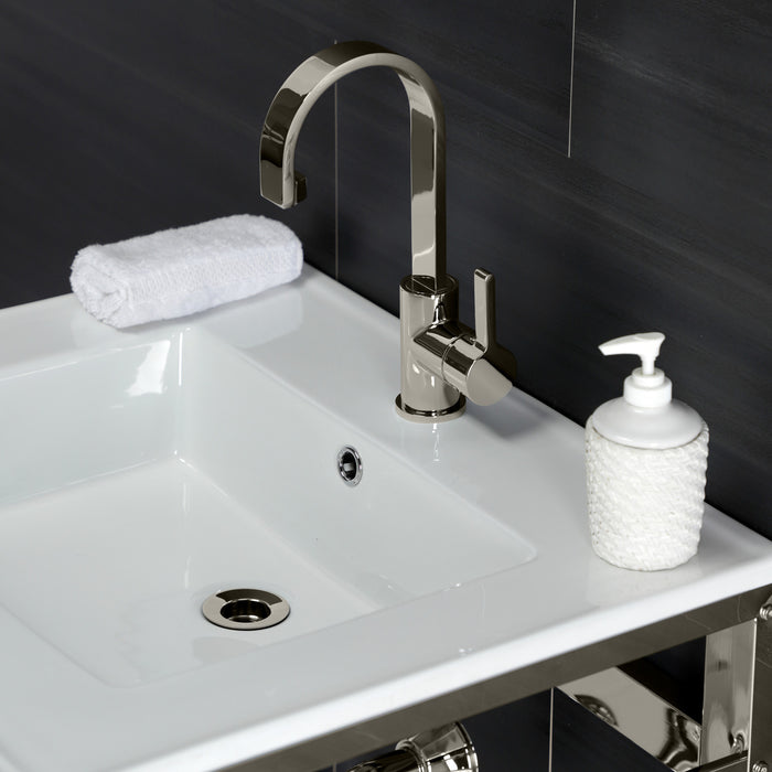 Kingston Sona VWP2522A6 - Quadras 25-Inch Ceramic Console Sink with Steel Base and Shelf (1-Hole), White/Polished Nickel