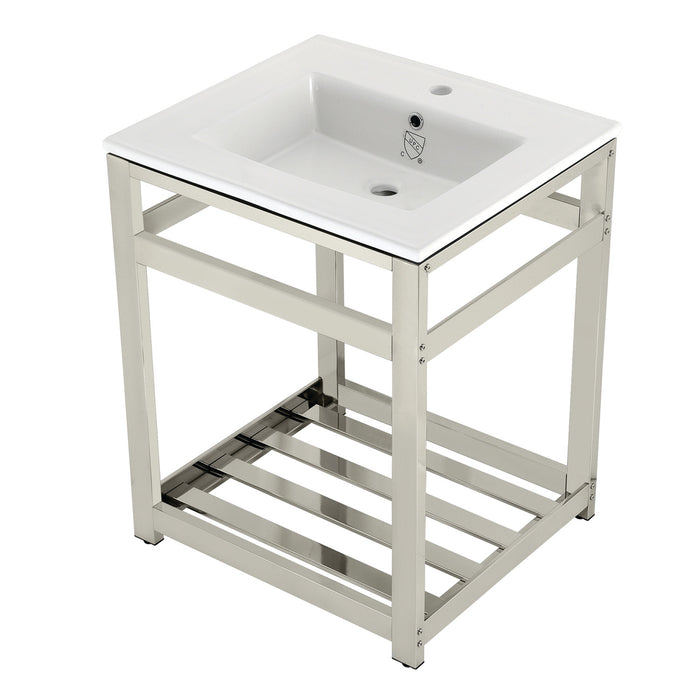 Kingston Sona VWP2522A6 - Quadras 25-Inch Ceramic Console Sink with Steel Base and Shelf (1-Hole), White/Polished Nickel