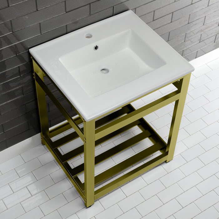 Kingston Sona VWP2522A7 - Quadras 25-Inch Ceramic Console Sink with Steel Base and Shelf (1-Hole), White/Brushed Brass