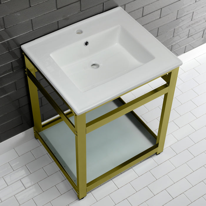 Kingston Quadras VWP2522B7 25-Inch Ceramic Console Sink with Steel Base and Glass Shelf (1-Hole), White/Brushed Brass