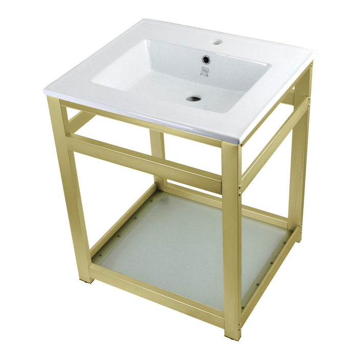 Kingston Quadras VWP2522B7 25-Inch Ceramic Console Sink with Steel Base and Glass Shelf (1-Hole), White/Brushed Brass