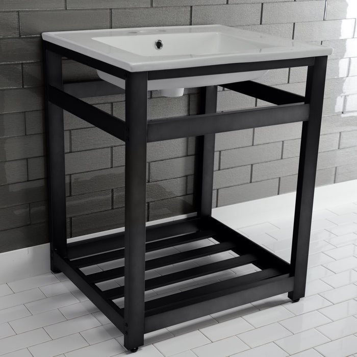 Kingston Sona VWP2522W4A0 - Quadras 25-Inch Ceramic Console Sink with Steel Base and Shelf (4-Inch, 3-Hole), White/Matte Black