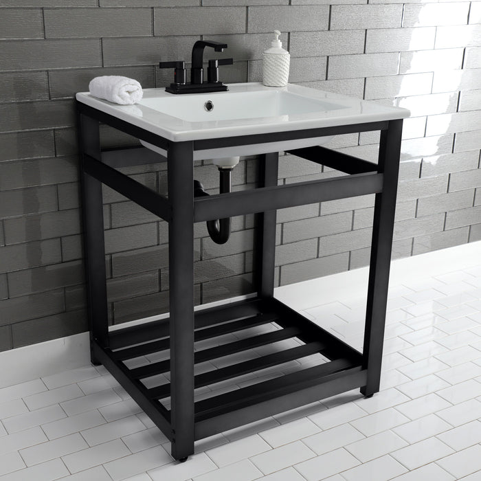 Kingston Sona VWP2522W4A0 - Quadras 25-Inch Ceramic Console Sink with Steel Base and Shelf (4-Inch, 3-Hole), White/Matte Black