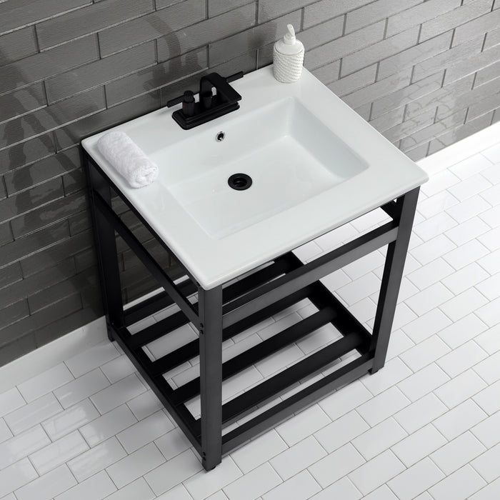 Kingston Sona VWP2522W4A0 - Quadras 25-Inch Ceramic Console Sink with Steel Base and Shelf (4-Inch, 3-Hole), White/Matte Black