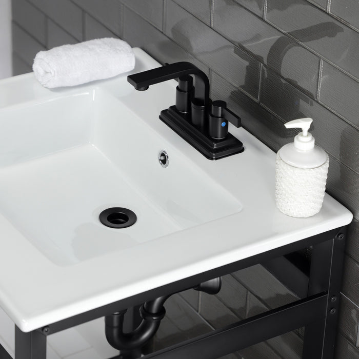 Kingston Sona VWP2522W4A0 - Quadras 25-Inch Ceramic Console Sink with Steel Base and Shelf (4-Inch, 3-Hole), White/Matte Black
